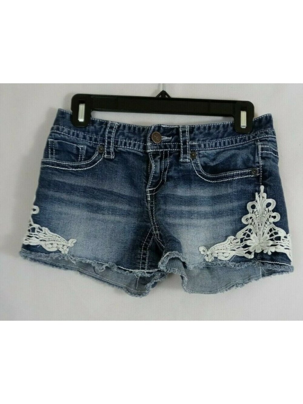 Maurice's Denim Distressed Whiskered Booty Shorts With Crochet Lace Size 1/2 R